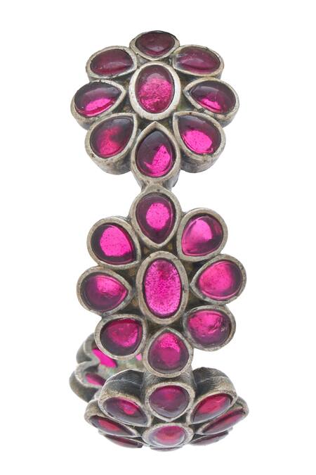 Just Shradhas_Gold Plated Stones Floral Carved Hoops _at_Aza_Fashions