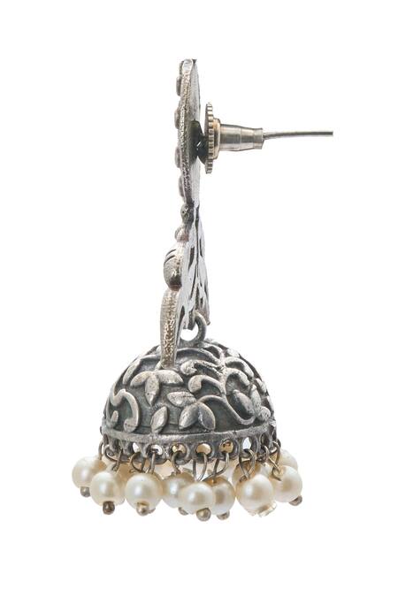 Just Shradhas_Silver Plated Pearls Peacock Carved Jhumkas_Online_at_Aza_Fashions