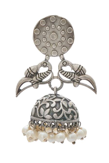 Just Shradhas_Silver Plated Pearls Peacock Carved Jhumkas_at_Aza_Fashions