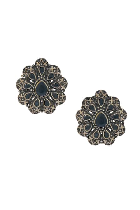 Shop_Just Shradhas_Silver Plated Floral Carved Earrings _at_Aza_Fashions