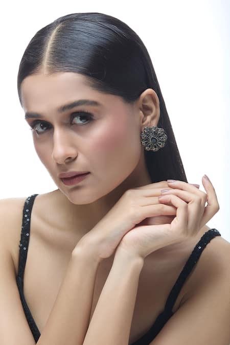 Shop_Just Shradhas_Silver Plated Floral Carved Earrings _Online_at_Aza_Fashions