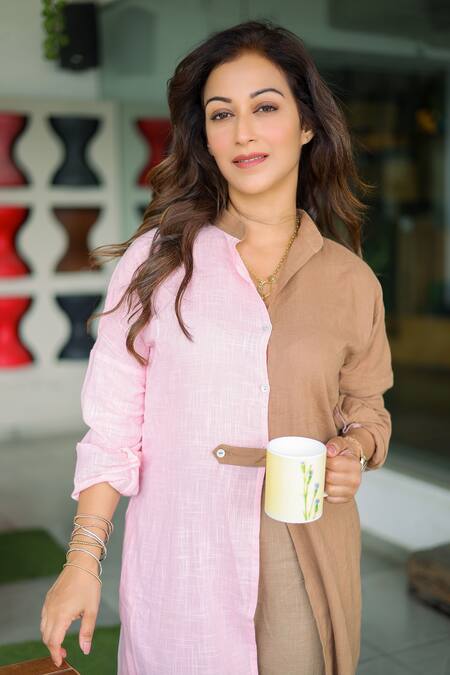 Shop Gulaal Brown Cotton Mandarin Collar High Low Color Block Kurta And Pant Set Shop_Gulaal_Brown Cotton Mandarin Collar High Low Color Block Kurta And Pant Set