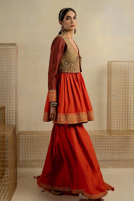 Pooja-Keyur_Green Cotton, Silk Sequins, Embroidery V-neck Floral Koti Jacket_Online_at_Aza_Fashions