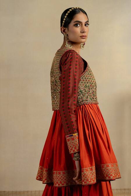 Shop_Pooja-Keyur_Green Cotton, Silk Sequins, Embroidery V-neck Floral Koti Jacket_Online_at_Aza_Fashions