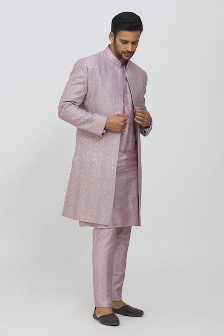 Buy_Priti Sahni_Purple Silk Sequins, Embroidery Sherwani Pant Set _Online_at_Aza_Fashions