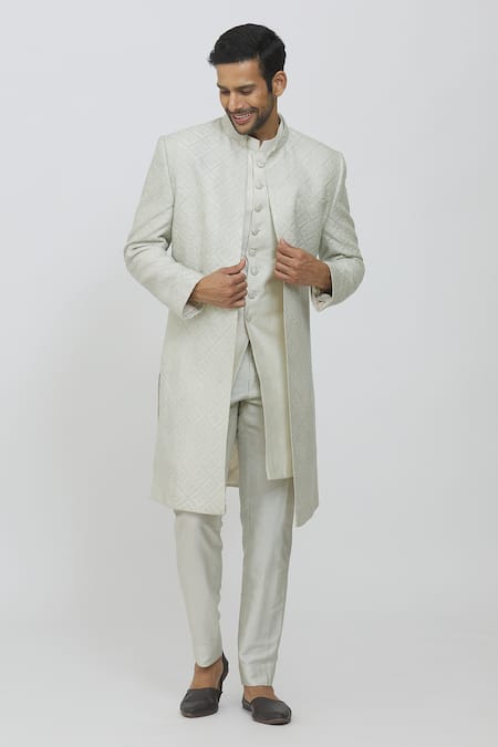 Shop Priti Sahni Grey Silk Sequins, Embroidery Geometric Sherwani Set Online at Aza Fashions Shop_Priti Sahni_Grey Silk Sequins, Embroidery Geometric Sherwani Set _Online_at_Aza_Fashions