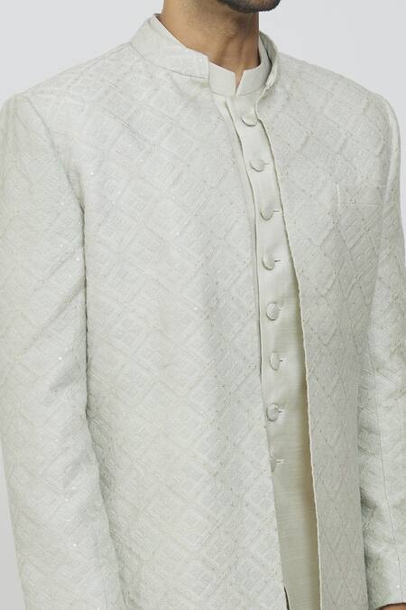 Priti Sahni Grey Silk Sequins, Embroidery Geometric Sherwani Set at Aza Fashions Priti Sahni_Grey Silk Sequins, Embroidery Geometric Sherwani Set _at_Aza_Fashions