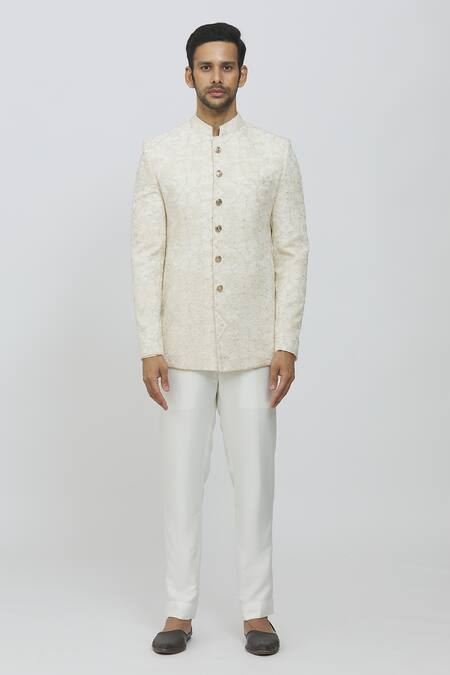 Priti Sahni_Ivory Georgette Sequins, Embroidery Jodhpuri Jacket And Trouser Set _at_Aza_Fashions