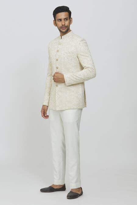 Priti Sahni_Ivory Georgette Sequins, Embroidery Jodhpuri Jacket And Trouser Set _Online_at_Aza_Fashions