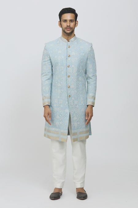 Priti Sahni_Blue Georgette, Cotton, Silk Sequins, Embroidery Thread And Sherwani Set _Online_at_Aza_Fashions