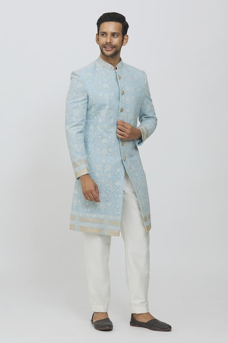 Buy_Priti Sahni_Blue Georgette, Cotton, Silk Sequins, Embroidery Thread And Sherwani Set _Online_at_Aza_Fashions