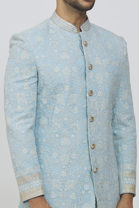 Shop_Priti Sahni_Blue Georgette, Cotton, Silk Sequins, Embroidery Thread And Sherwani Set _Online_at_Aza_Fashions
