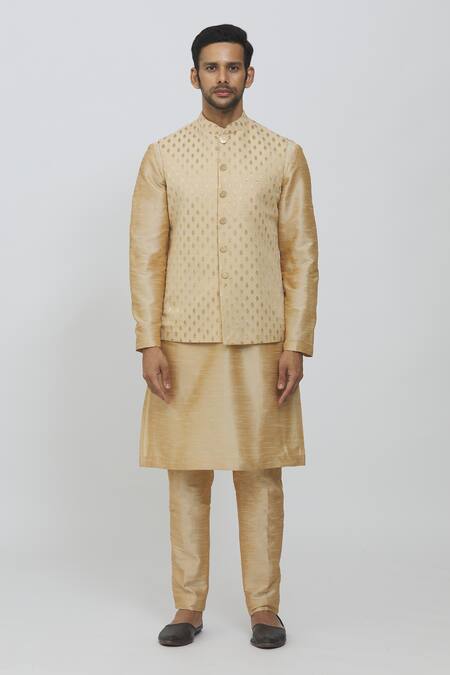 Buy_Priti Sahni_Beige Georgette, Silk Embroidery Bundi Jacket And Kurta Set _Online_at_Aza_Fashions