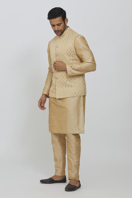 Shop_Priti Sahni_Beige Georgette, Silk Embroidery Bundi Jacket And Kurta Set _Online_at_Aza_Fashions