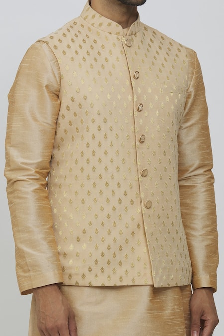 Priti Sahni_Beige Georgette, Silk Embroidery Bundi Jacket And Kurta Set _at_Aza_Fashions