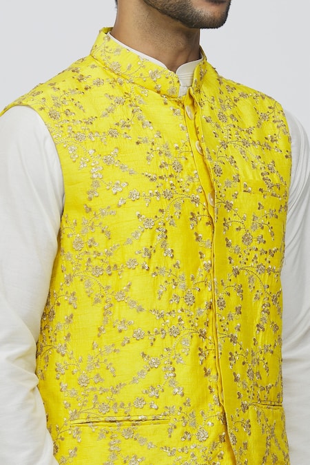 Priti Sahni_Yellow Silk, Cotton Zari Embroidered Bundi Jacket Set _at_Aza_Fashions