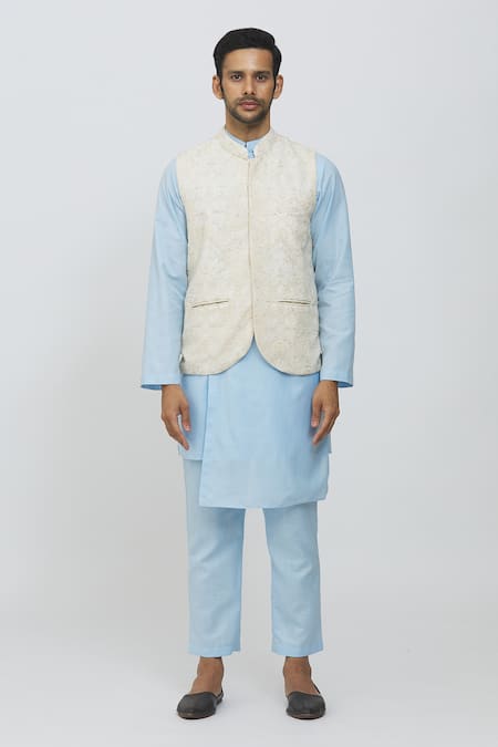 Buy_Priti Sahni_Ivory Georgette, Cotton Zari, Embroidery Bundi Jacket Set _Online_at_Aza_Fashions