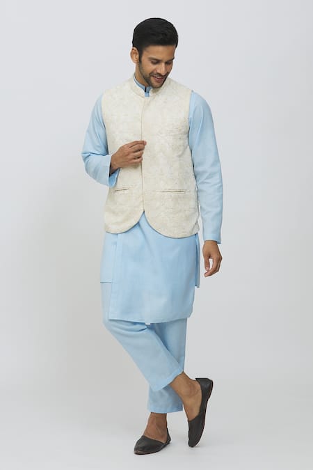 Shop_Priti Sahni_Ivory Georgette, Cotton Zari, Embroidery Bundi Jacket Set _Online_at_Aza_Fashions