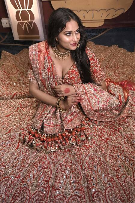 Tanushavy Couture_Red Silk, Net, Cotton Beads, Sequins, Paisley Dabka Bridal Lehenga Set _Online_at_Aza_Fashions