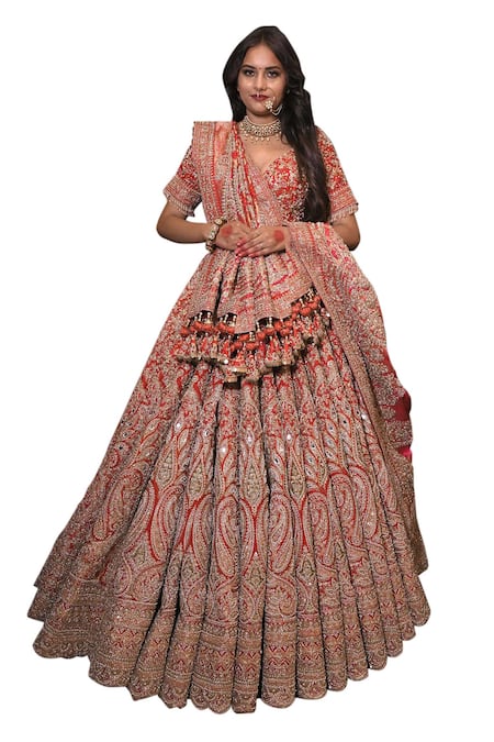 Buy_Tanushavy Couture_Red Silk, Net, Cotton Beads, Sequins, Paisley Dabka Bridal Lehenga Set _Online_at_Aza_Fashions
