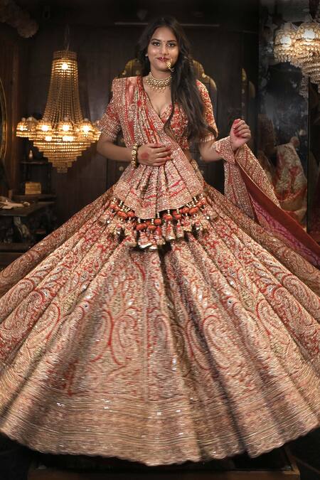Tanushavy Couture_Red Silk, Net, Cotton Beads, Sequins, Paisley Dabka Bridal Lehenga Set _at_Aza_Fashions