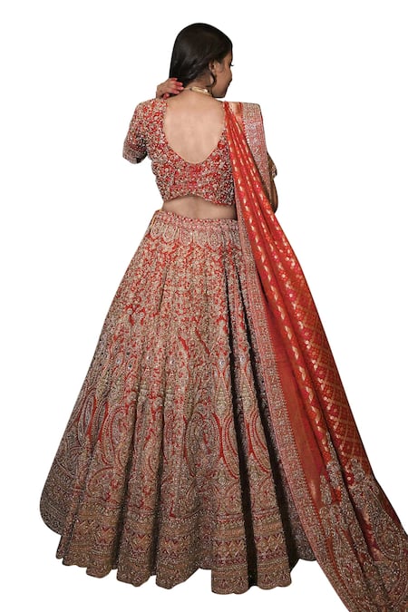 Buy_Tanushavy Couture_Red Silk, Net, Cotton Beads, Sequins, Paisley Dabka Bridal Lehenga Set 