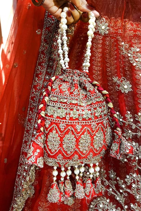 Shop_Tanushavy Couture_Red Silk, Net, Cotton Beads, Sequins, Paisley Dabka Bridal Lehenga Set 