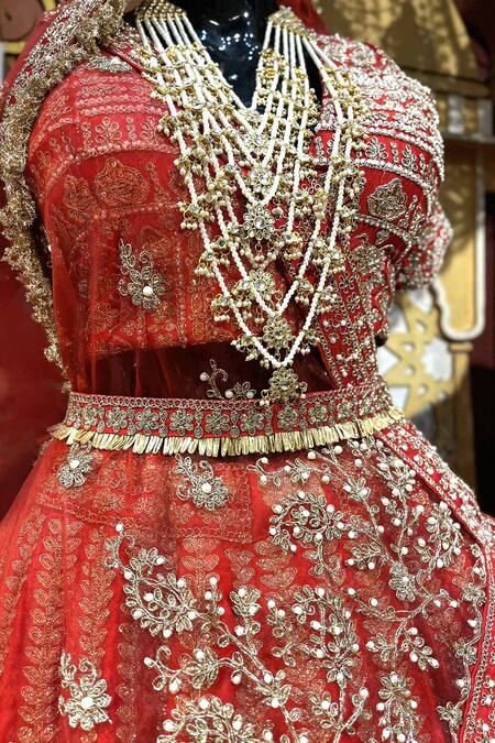 Buy Tanushavy Couture Red Silk, Net, Cotton Beads, Pearls, Sequins, Zari, Floral Garden Lehenga Set Online at Aza Fashions Buy_Tanushavy Couture_Red Silk, Net, Cotton Beads, Pearls, Sequins, Zari, Floral Garden Lehenga Set _Online_at_Aza_Fashions