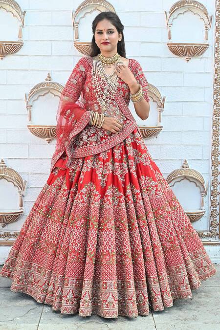 Shop Tanushavy Couture Red Silk, Net, Cotton Beads, Pearls, Sequins, Zari, Floral Garden Lehenga Set Online at Aza Fashions Shop_Tanushavy Couture_Red Silk, Net, Cotton Beads, Pearls, Sequins, Zari, Floral Garden Lehenga Set _Online_at_Aza_Fashions