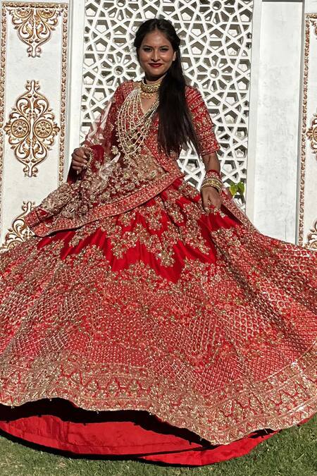 Shop Tanushavy Couture Red Silk, Net, Cotton Beads, Pearls, Sequins, Zari, Floral Garden Lehenga Set Shop_Tanushavy Couture_Red Silk, Net, Cotton Beads, Pearls, Sequins, Zari, Floral Garden Lehenga Set