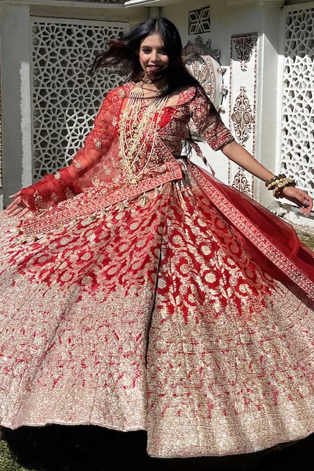 Shop_Tanushavy Couture_Red Silk, Net Beads, Sequins, Zari, Floral Banarasi Woven Bridal Lehenga Set _Online_at_Aza_Fashions