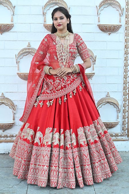 Buy_Tanushavy Couture_Red Silk, Net, Cotton Beads, Sequins, Carnival Elephant Bridal Lehenga Set _Online_at_Aza_Fashions