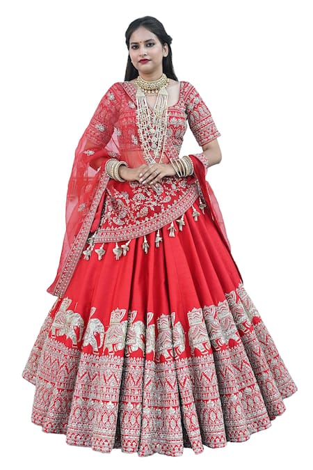 Shop_Tanushavy Couture_Red Silk, Net, Cotton Beads, Sequins, Carnival Elephant Bridal Lehenga Set _Online_at_Aza_Fashions