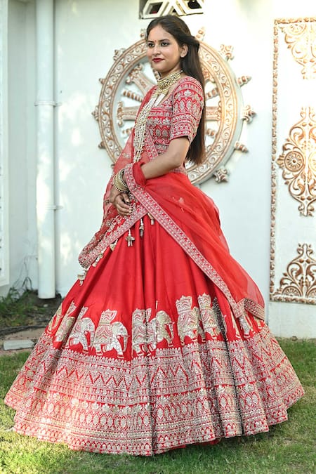 Tanushavy Couture_Red Silk, Net, Cotton Beads, Sequins, Carnival Elephant Bridal Lehenga Set _at_Aza_Fashions