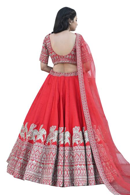 Buy_Tanushavy Couture_Red Silk, Net, Cotton Beads, Sequins, Carnival Elephant Bridal Lehenga Set 