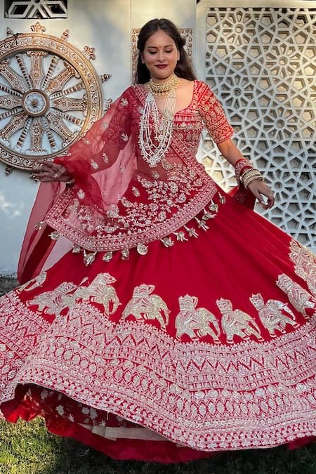 Shop_Tanushavy Couture_Red Silk, Net, Cotton Beads, Sequins, Carnival Elephant Bridal Lehenga Set 