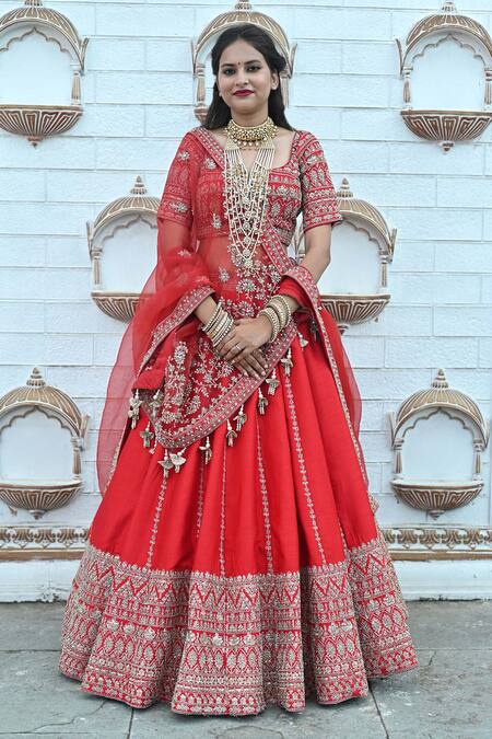 TANUSHAVY COUTURE Red Pure Handloom Cotton Embroidery Dabka Dori Sitara And Zari Bridal Lehenga Set  3