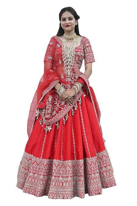 TANUSHAVY COUTURE Red Pure Handloom Cotton Embroidery Dabka Dori Sitara And Zari Bridal Lehenga Set  5