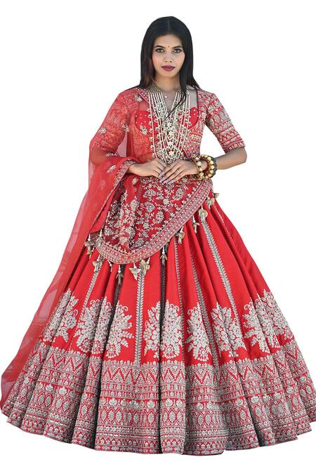 Buy_Tanushavy Couture_Red Silk, Net, Cotton Beads, Pearls, Floral Butti Bridal Lehenga Set _Online_at_Aza_Fashions
