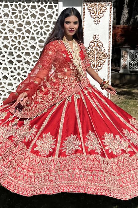 Shop_Tanushavy Couture_Red Silk, Net, Cotton Beads, Pearls, Floral Butti Bridal Lehenga Set _Online_at_Aza_Fashions