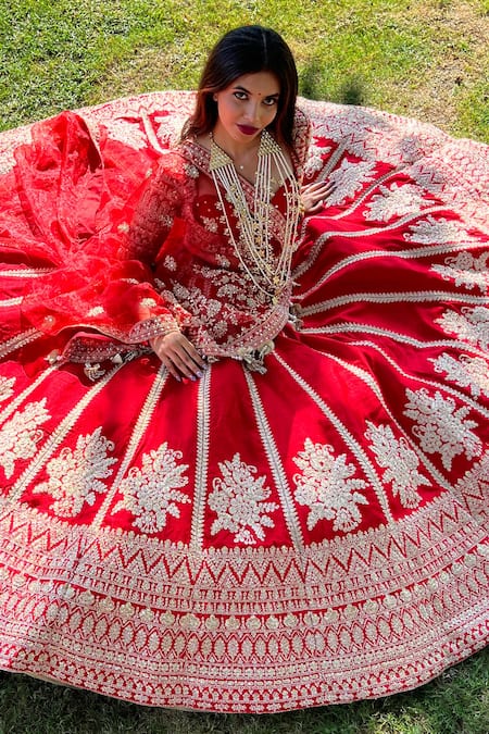 Tanushavy Couture_Red Silk, Net, Cotton Beads, Pearls, Floral Butti Bridal Lehenga Set _at_Aza_Fashions