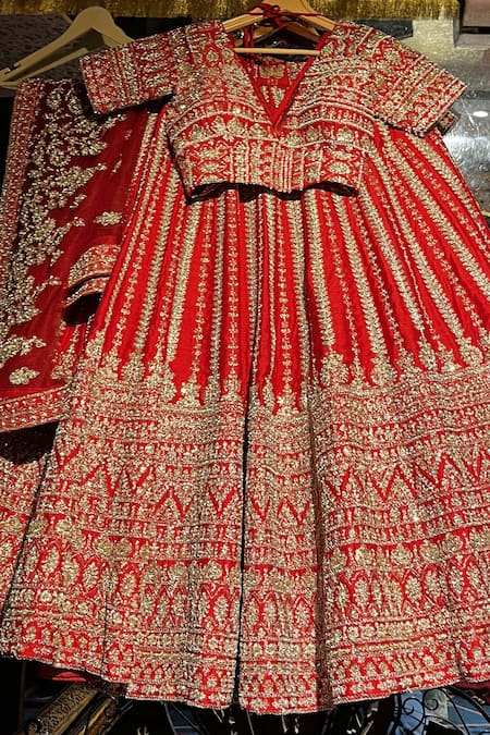 Buy_Tanushavy Couture_Red Silk, Net, Handloom Cotton Beads, Pearls, Flower Panel Bridal Lehenga Set _Online_at_Aza_Fashions