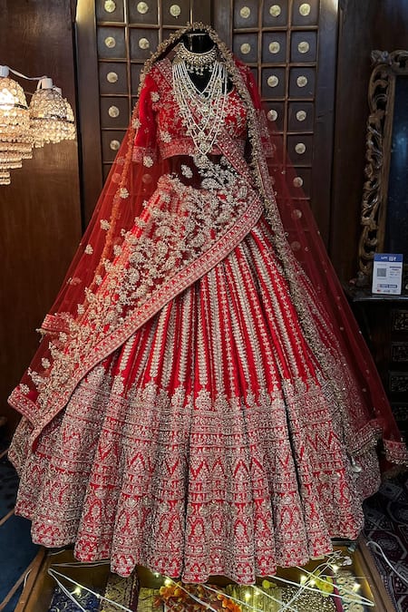 Tanushavy Couture_Red Silk, Net, Handloom Cotton Beads, Pearls, Flower Panel Bridal Lehenga Set _at_Aza_Fashions