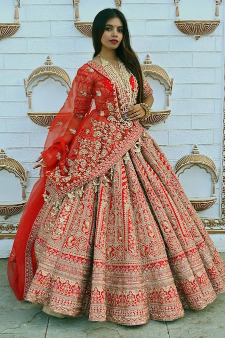 Buy_Tanushavy Couture_Red Silk, Net, Cotton Beads, Pearls, Sequins, Sitara Paisley Bridal Lehenga Set _Online_at_Aza_Fashions