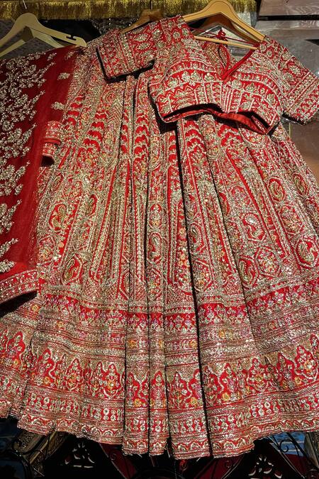 Shop_Tanushavy Couture_Red Silk, Net, Cotton Beads, Pearls, Sequins, Sitara Paisley Bridal Lehenga Set _Online_at_Aza_Fashions