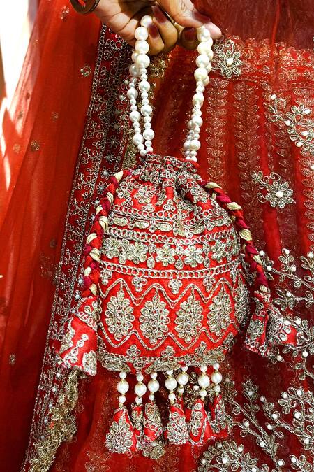 Tanushavy Couture_Red Silk, Net, Cotton Beads, Pearls, Sequins, Sitara Paisley Bridal Lehenga Set _at_Aza_Fashions