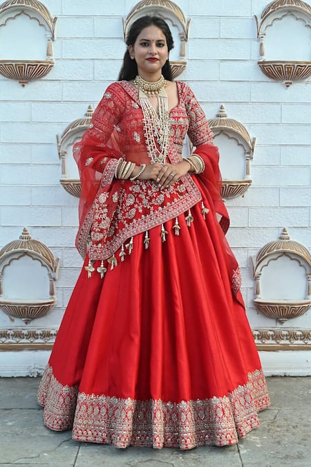 Buy_Tanushavy Couture_Red Silk, Net, Cotton Embroidery, Beads, Floral Border Bridal Lehenga Set _Online_at_Aza_Fashions