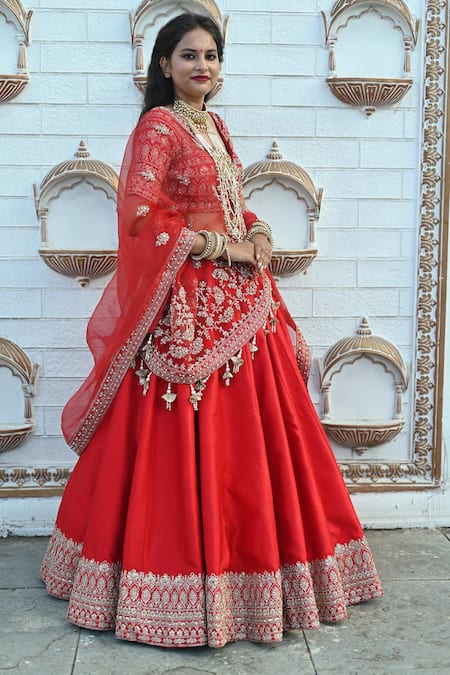Shop_Tanushavy Couture_Red Silk, Net, Cotton Embroidery, Beads, Floral Border Bridal Lehenga Set _Online_at_Aza_Fashions