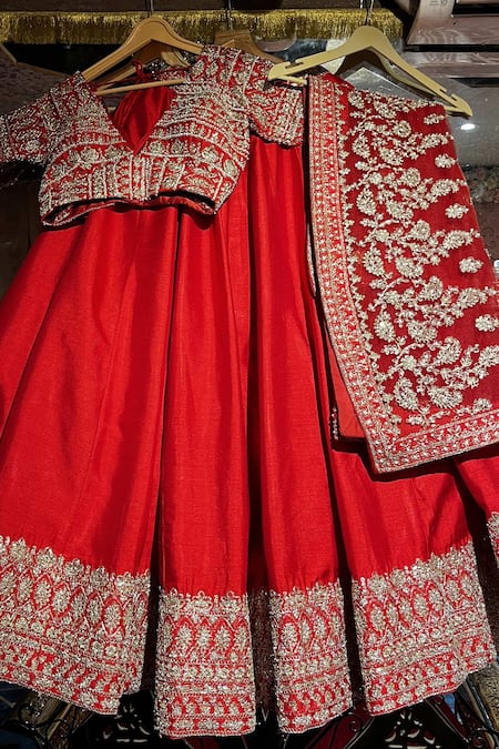 Tanushavy Couture_Red Silk, Net, Cotton Embroidery, Beads, Floral Border Bridal Lehenga Set _at_Aza_Fashions