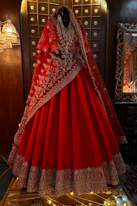 Buy_Tanushavy Couture_Red Silk, Net, Cotton Embroidery, Beads, Floral Border Bridal Lehenga Set 